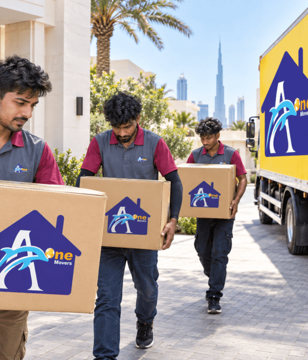 A One Movers team carrying branded boxes and loading a moving truck for door-to-door service in Dubai