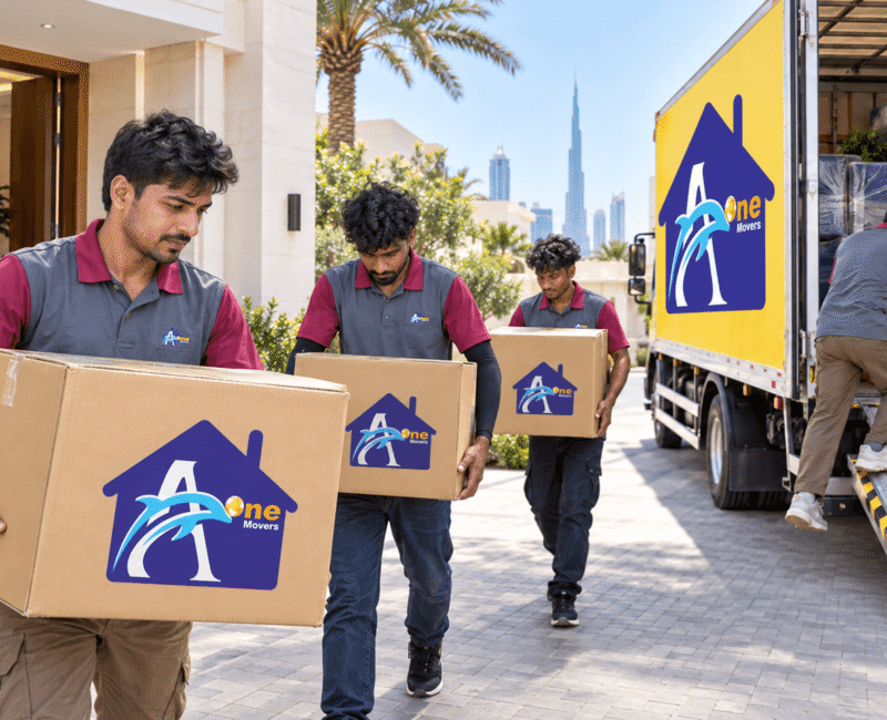 A One Movers team carrying branded boxes and loading a moving truck for door-to-door service in Dubai