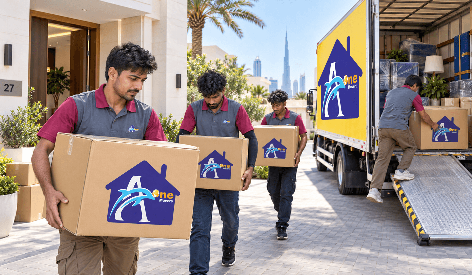 A One Movers team carrying branded boxes and loading a moving truck for door-to-door service in Dubai