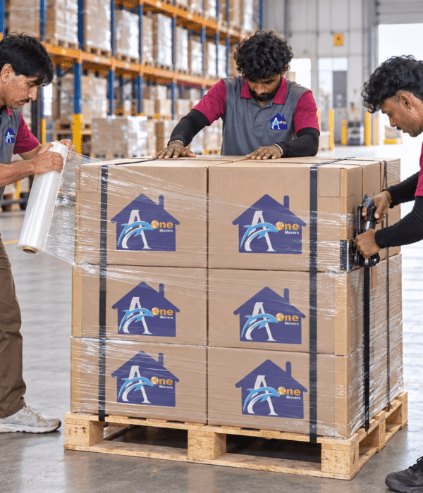 A One Movers team palletizing boxes and applying stretch wrapping in a Dubai UAE warehouse