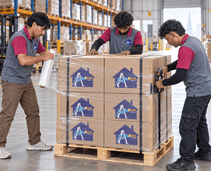 A One Movers team palletizing boxes and applying stretch wrapping in a Dubai UAE warehouse