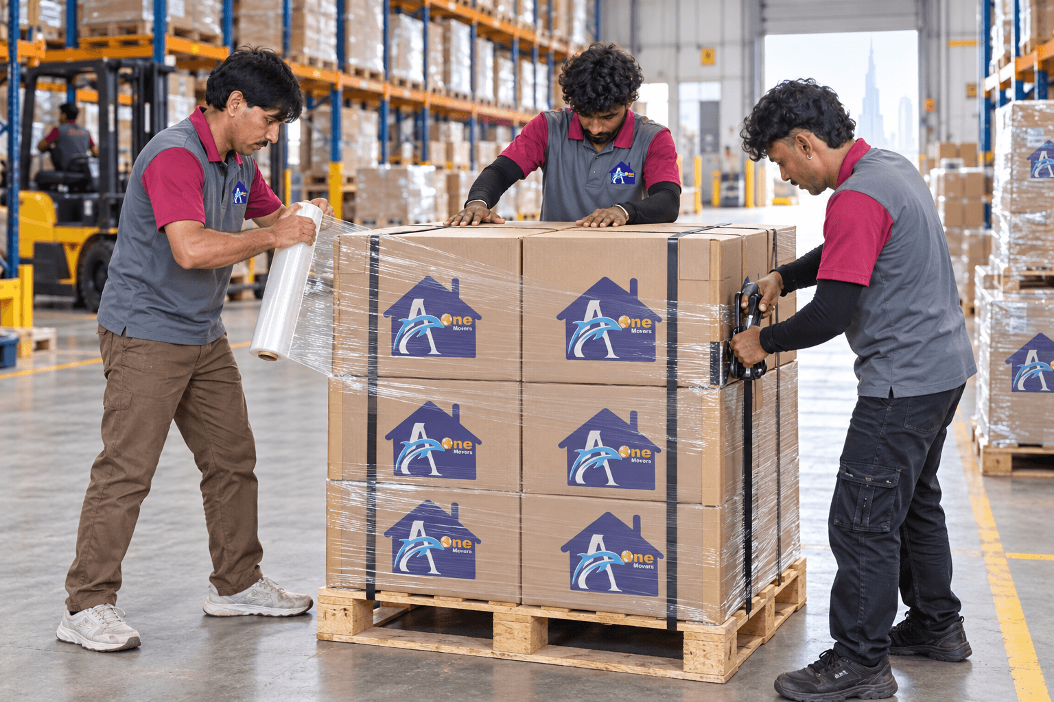 A One Movers team palletizing boxes and applying stretch wrapping in a Dubai UAE warehouse