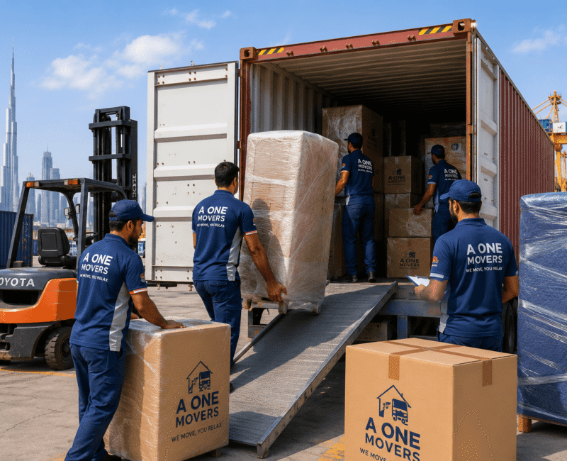 A One Movers international moving services in UAE with professional packing and container shipping