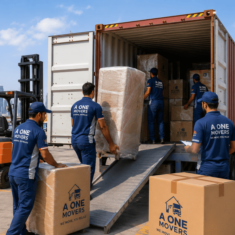 A One Movers international moving services in UAE with professional packing and container shipping