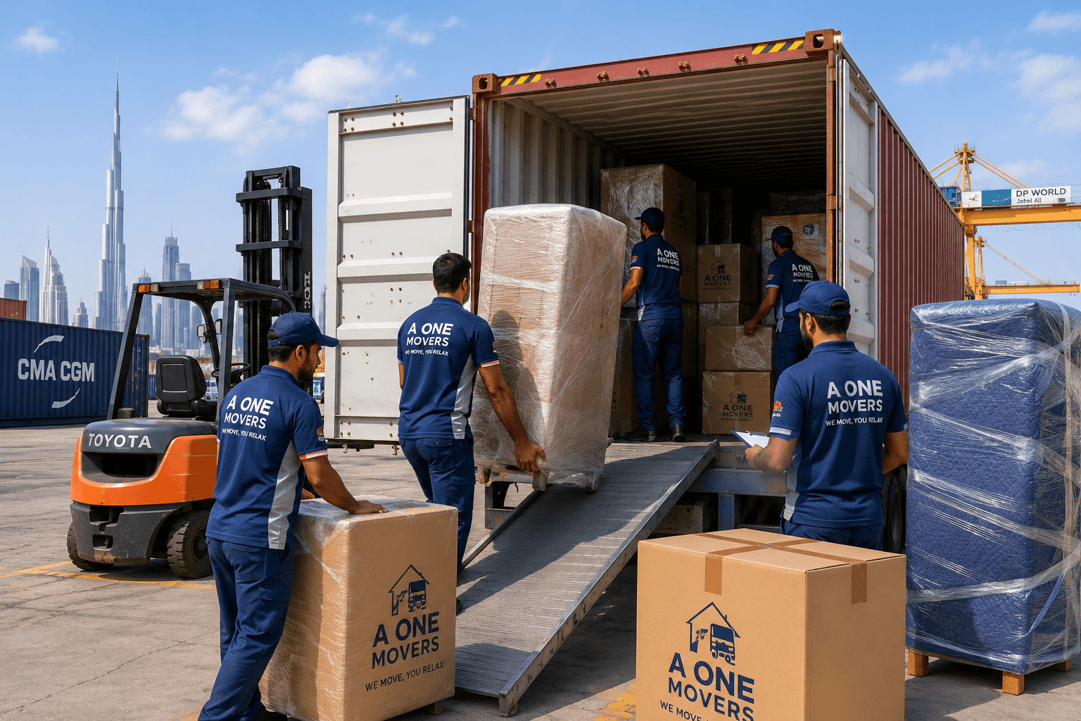 A One Movers international moving services in UAE with professional packing and container shipping